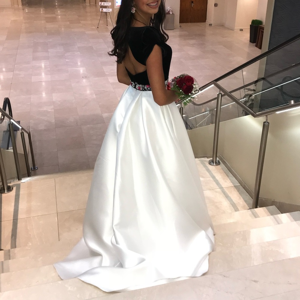 Tiffany Designs Black Velvet and White Satin Prom Dress - Picture 7 of 7